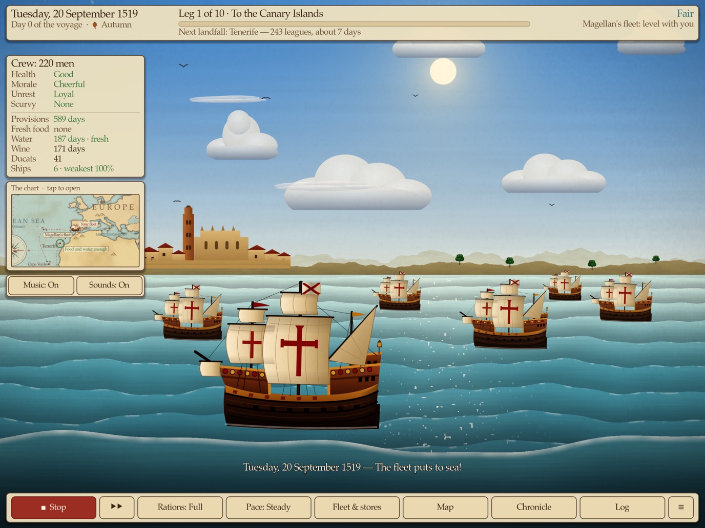 Magellan's fleet under sail, with the ship's stores and the chart beside it